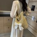 Grande borsa tote in paglia con fiocco in tulle bianco e tracolla a righe da spiaggia - Stile di decorazione a fiocco / Bianco Sporco