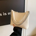 Chic beige hobo bag with a silver chain strap and smooth faux leather finish - White