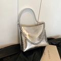 Silver metallic chain bag with cracked faux leather texture and crossbody strap - Silver