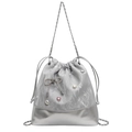 Silver bucket bag with pearl accents, sparkling bow, and delicate chain strap - Silver