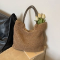 Borsa tote in paglia intrecciata a mano in marrone kaki con doppio manico e fodera estiva - Marrone Senza Sciarpa di Seta