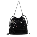 Black bucket bag with pearl bow and silver chain strap in premium casual style - Black