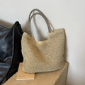 Grande borsa tote in paglia intrecciata beige con manici a righe bianche e nere da donna - Bianco Riso senza Sciarpa