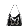 Y2K style black glossy tote bag with large silver butterfly and metallic chain detail - Black