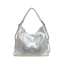 Pearl white tote bag with blue butterfly patch and shiny silver rivets detail - White