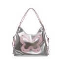 Y2K silver metallic tote bag featuring large pink butterfly pattern and chain detail - Silver