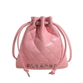 Pink quilted bucket backpack with glossy finish and silver metal letter details - Pink