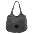 Vintage washed black denim tote bag with silver bow accent and round leather patch - Black