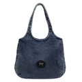 Large washed denim tote bag in dark blue with silver butterfly charm and round patch - Blue