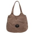 Large denim tote bag in vintage earth brown with leather patch and metal bow accent - Khaki