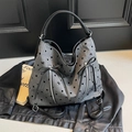 Borsa tote in tela grigia con pois neri, fiocchi e tasche funzionali con cerniere - Fiocco a Pois