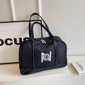Bolso tote vintage negro en nailon sedoso con logotipo geométrico blanco y asas dobles - Negro