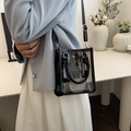 Summer transparent jelly square bag with black leather trim and crossbody strap - Dark Brown