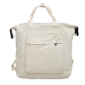 Versatile cream white canvas tote backpack with front zipper pocket and top handles - White
