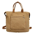 Versatile khaki canvas backpack with dual top handles and large front zipper pocket - Brown