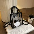 Transparent mini square jelly bag with black leather trim and OWU letter print - Frosted Style