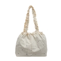 Borsa tote in tela bianco panna con spalline a pieghe e decorazioni con rivetti argento - Bianco Sporco