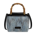 Sac seau en denim bleu avec paillettes argentées, poignée en bambou et détails en cuir noir - Noir