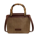 Sac seau tissé marron avec poignée en bambou et bandoulière en cuir ajustable - Marron