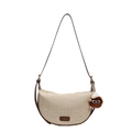 Beigefarbene gewebte Tasche in Halbmondform mit braunem Lederbesatz und Anhänger - Cremeweiß (Mit Anhänger)