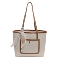 Bolso tote crema minimalista con ribete marrón y pañuelo de seda con estampado geométrico - Blanco Roto