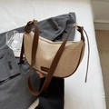 Beige crescent straw shoulder bag with dark brown leather trim and metallic buckle - Off-White (Without Pendant)