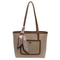 Bolso tote beige con ribete marrón y pañuelo de seda floral en el asa para mujer - Caqui
