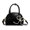Elegant black pleated shell bag with pearl bow and silver heart pendant - Black