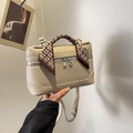 Chic beige lychee textured handbag with silk scarf handle and adjustable shoulder strap - Off-white