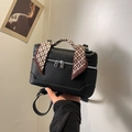 Elegant black lychee grain vanity bag with silk scarf handle and adjustable strap - Black