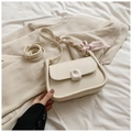 Detail of cream-colored crossbody bag with trendy silk scarf and square buckle accent - Rice White (No Pendant)