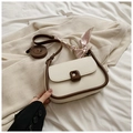 Detail of cream crossbody bag with brown trim and decorative striped pink silk scarf - Rice Coffee Without Pendant
