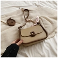 Detail of minimalist beige crossbody bag featuring brown contrast piping and silk scarf decor - Khaki (No Pendant)