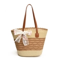 Grande borsa tote in paglia con manici in pelle marrone e fiocco in pizzo floreale - Bianco Crema a Righe Larghe