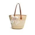 Borsa tote estiva in paglia con fiocco in pizzo bianco e ricami floreali rosa - Bianco Crema Intagliato