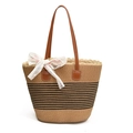 Borsa tote in paglia con strisce nere, manici in pelle e fiocco in pizzo bianco - A Righe Marrone