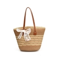 Summer straw tote bag with brown handles and elegant white lace bow embroidery - Wide Striped Khaki