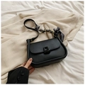Black vintage leather underarm bag with matte finish and black-white striped scarf detail - Black without Pendant
