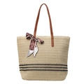 Bolso tote de paja crema con asas de cuero marrón y detalles de rayas negras en base - Blanco Roto