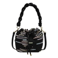 Black canvas bucket bag with colorful wavy embroidery and woven handle detail - Black