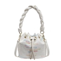 White canvas bucket bag with colorful wavy embroidery and woven handle for women - Off-white