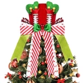 Christmas tree topper featuring Santa hat and legs with striped bow and green ribbon - Elf Top Hat Style