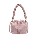 Pink drawstring bucket bag in textured leather with woven handle and shoulder strap - Pink