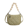 Pale green quilted crossbody bag with diamond patterns and elegant pearl bead handle - Green