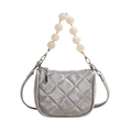 Silver grey quilted velvet crossbody bag with elegant white pearl beaded handle - Silver