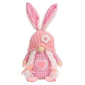 Pink Easter gnome plush with plaid rabbit ears and heart detail on white background - Female Style/Pink Heart / Pink