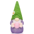Green knit hat gnome plush with long white beard holding a pink dotted Easter egg - Green Hat