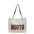 Borsa tote crema con scritta HOOTO marrone e tracolla decorativa con catena in metallo - Bianco Sporco