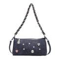 Borsa sottobraccio in denim blu scuro con perle e decorazioni di cristalli a cuore rosa - Blu