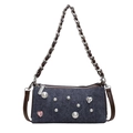 Borsa sottobraccio in denim blu con perle bianche e strass a cuore da donna - Marrone